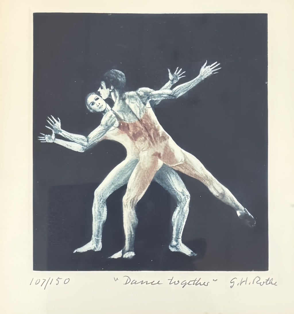 Mezzotint print of two dancers on a dark blue ground, pencil-marked 107/150, "Dance together", G.H. Rothe