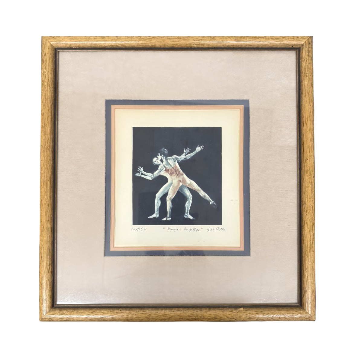 Mezzotint print of two dancers on a dark blue ground, framed and matted, second view
