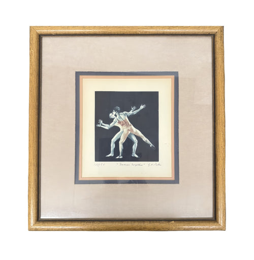 Mezzotint print of two dancers on a dark blue ground, framed and matted, second view