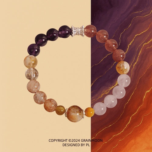 Bracelet: purple amethyst, peach strawberry quartz and pale pink rose quartz beads in a soft gradient