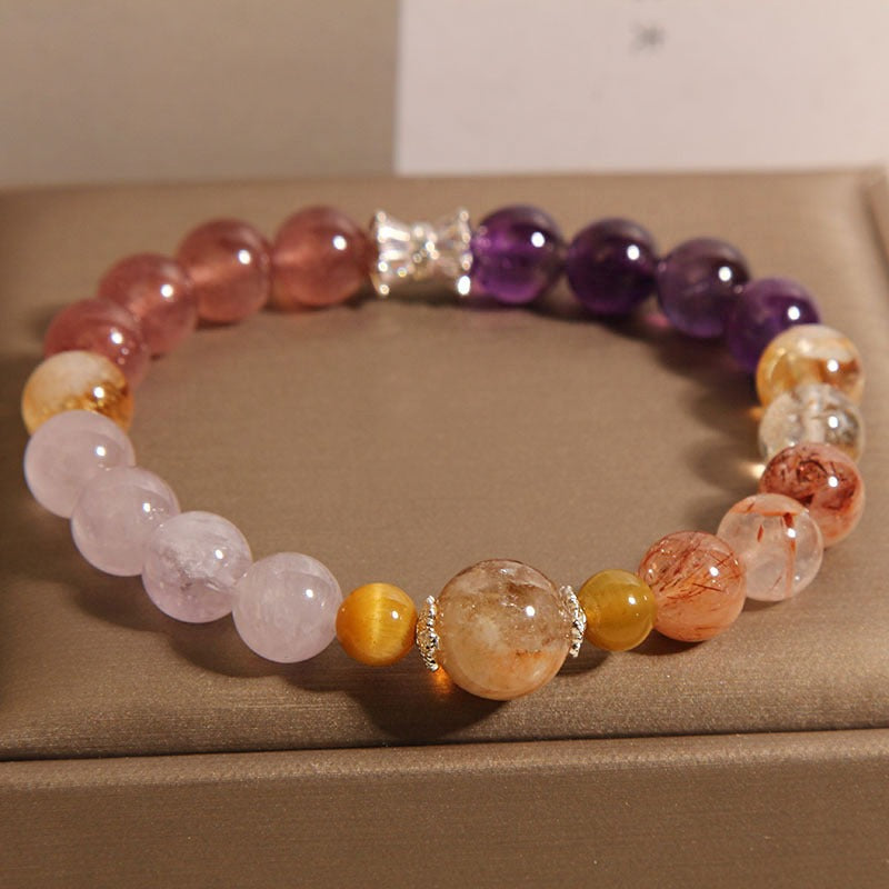 Bracelet: purple amethyst, peach strawberry quartz and pale pink rose quartz beads, second view