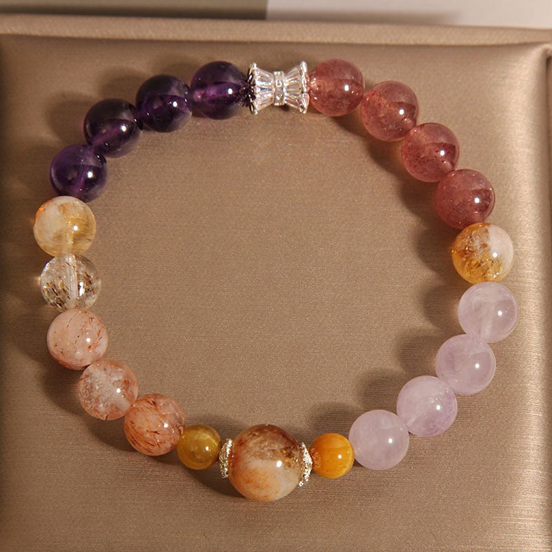 Bracelet: purple amethyst, peach strawberry quartz and pale pink rose quartz beads, third view