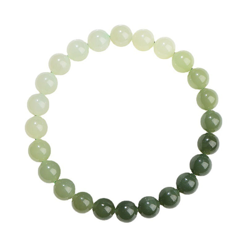 Bracelet: round 6mm Hetian jade beads shading from dark green to pale celadon, second view