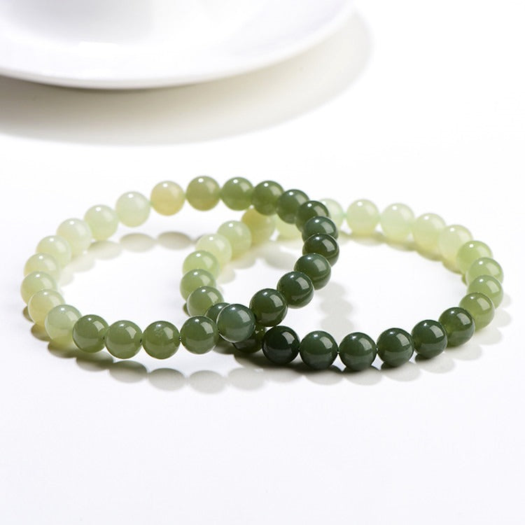 Bracelet: round 6mm Hetian jade beads shading from dark green to pale celadon, fourth view