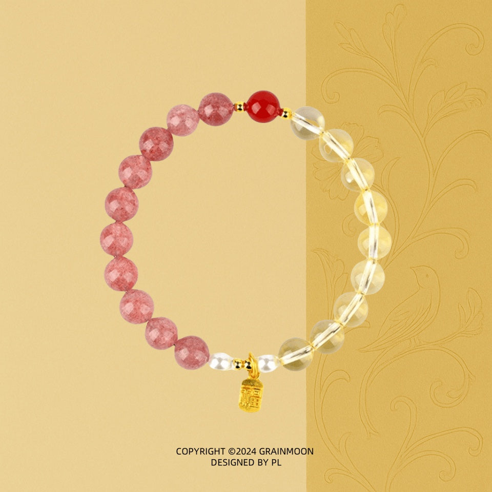 Bracelet: pink strawberry quartz, pale yellow citrine and small white pearl beads with a red bead and gold charm