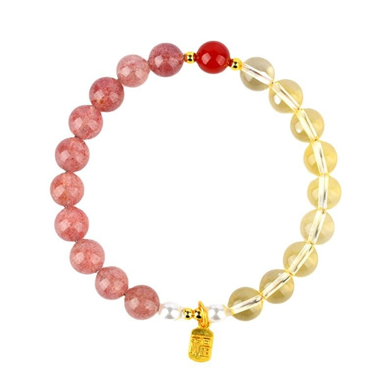 Bracelet: pink strawberry quartz, pale yellow citrine and small white pearl beads, second view