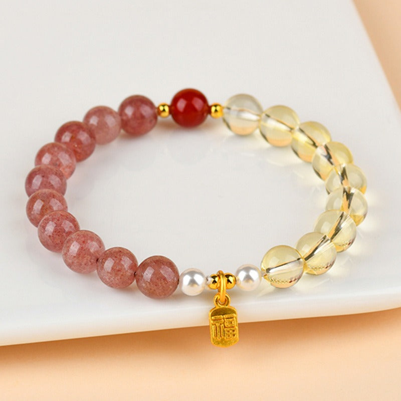 Bracelet: pink strawberry quartz, pale yellow citrine and small white pearl beads, third view
