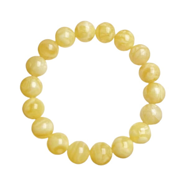 Bracelet: round pale yellow marbled white flower amber beads, second view