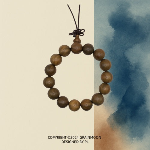 Bracelet: olive-brown green sandalwood beads with a gourd-shaped bead and a knotted dark cord