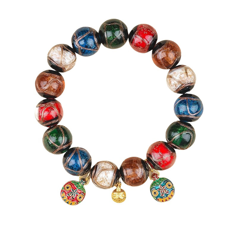 Bracelet: kiln-fired liuli glass beads in red, blue, green, white and brown, second view