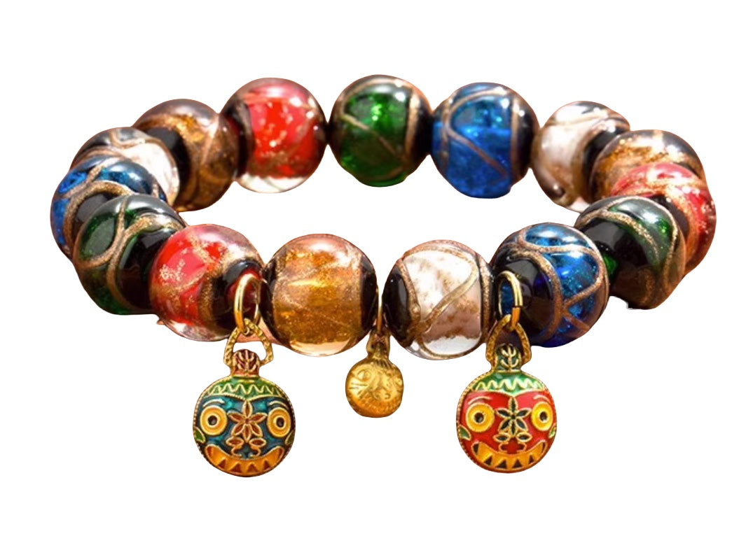 Bracelet: kiln-fired liuli glass beads in red, blue, green, white and brown, third view