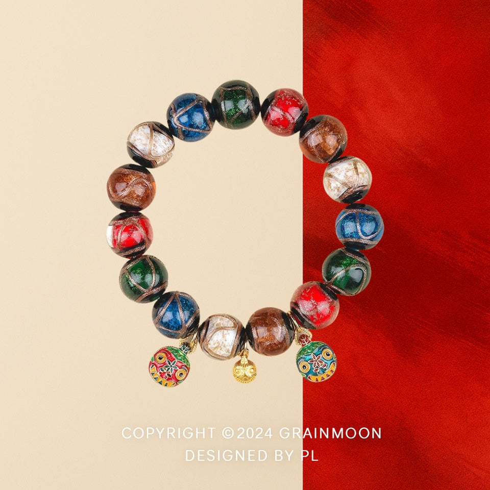 Bracelet: kiln-fired liuli glass beads in red, blue, green, white and brown, fifth view