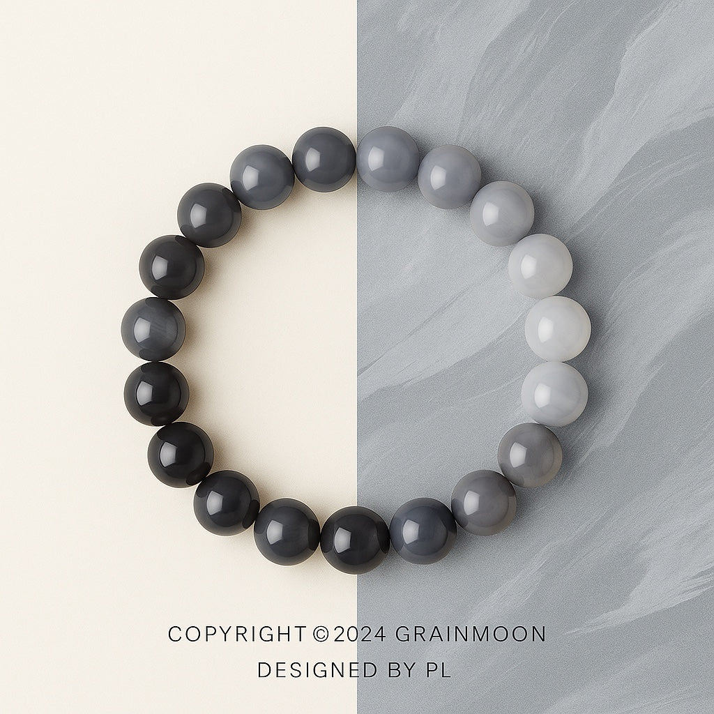 Bracelet: round Hetian jade beads shading from dark grey to white