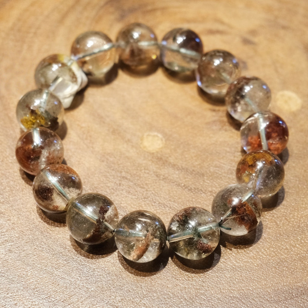 Bracelet: clear red phantom quartz beads, 13mm, with red-brown inclusions, fourth view
