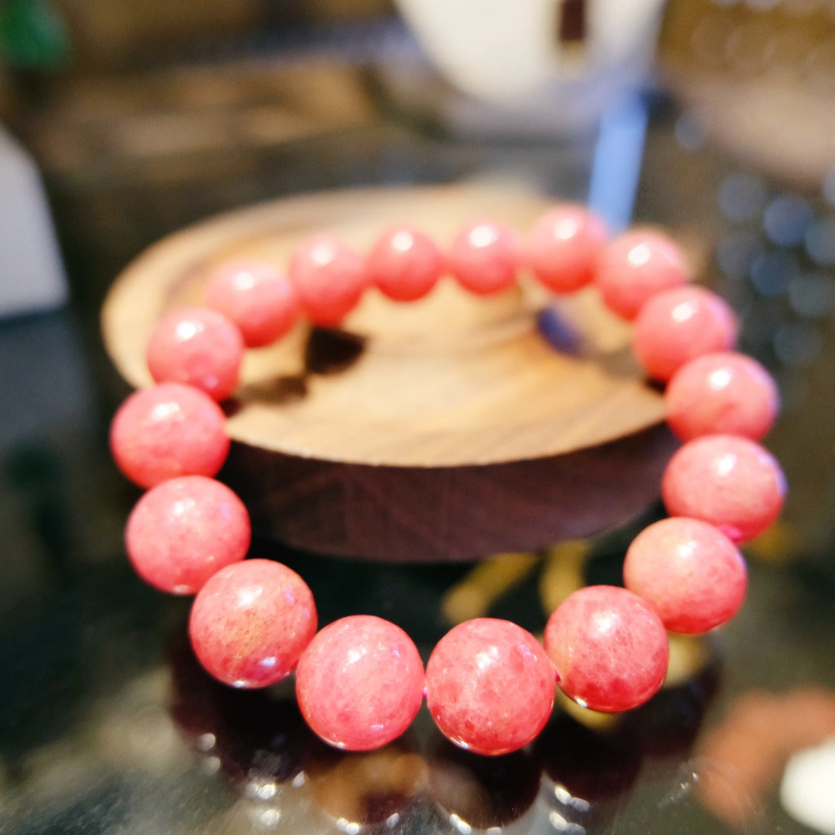 Bracelet: round pink rhodonite beads, 10mm, with black veining, fourth view