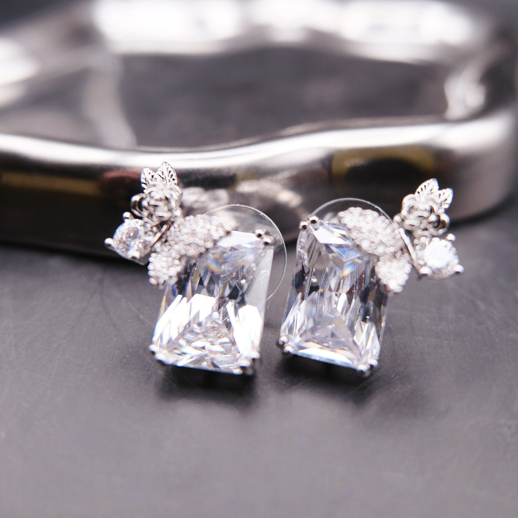 Earrings: clear emerald-cut cubic zirconia with butterfly and flower motifs, fifth view