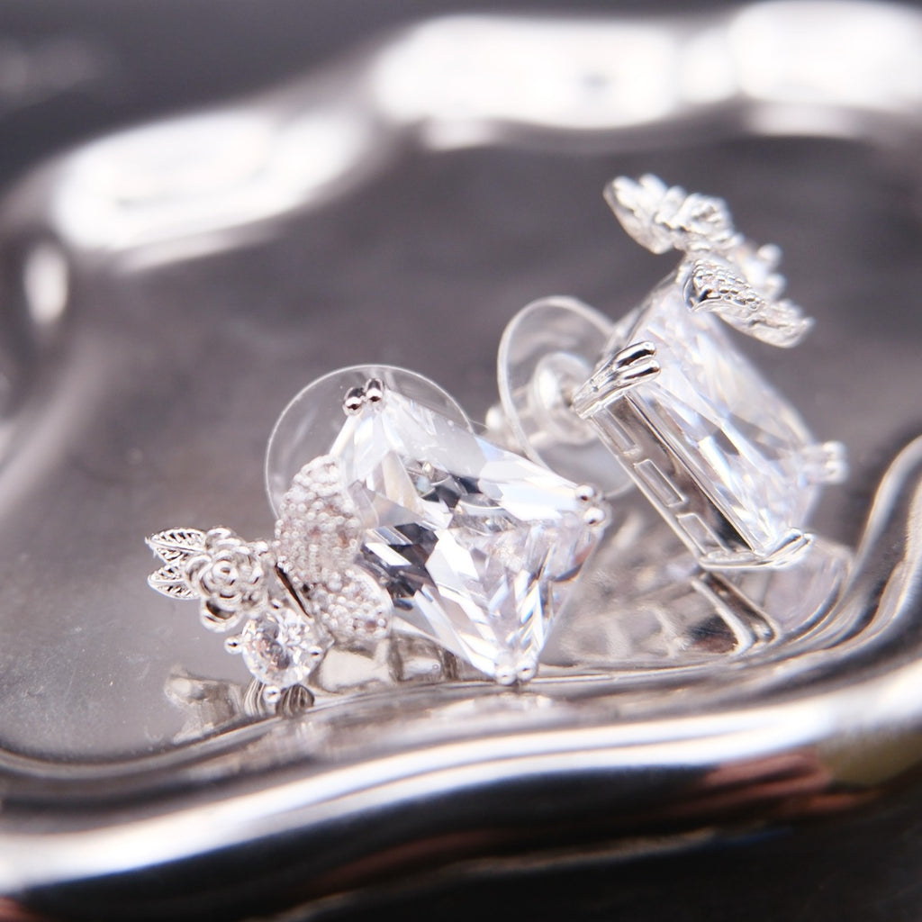 Earrings: clear emerald-cut cubic zirconia with butterfly and flower motifs, sixth view