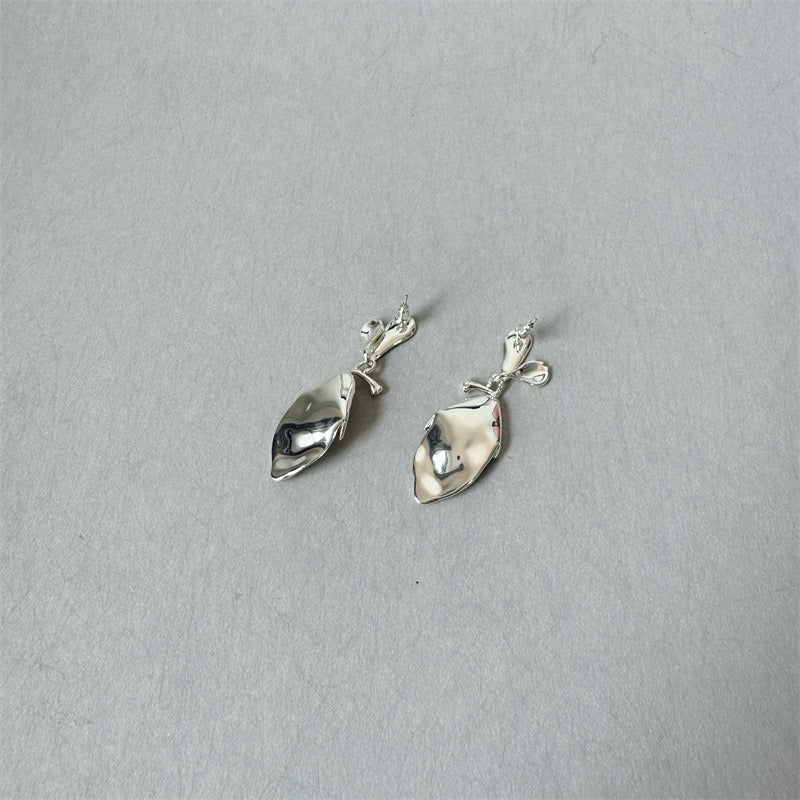 Earrings: textured 925 sterling silver stud with a ribbed leaf-shaped drop, eighth view