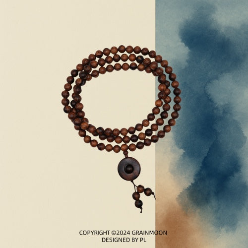 Mala: long strand of small dark red-brown huanghuali beads wound in loops, with a disc bead and short bead tassel