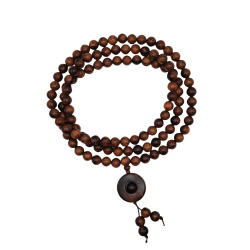 Mala: strand of small dark red-brown Hainan huanghuali beads wound in loops, second view