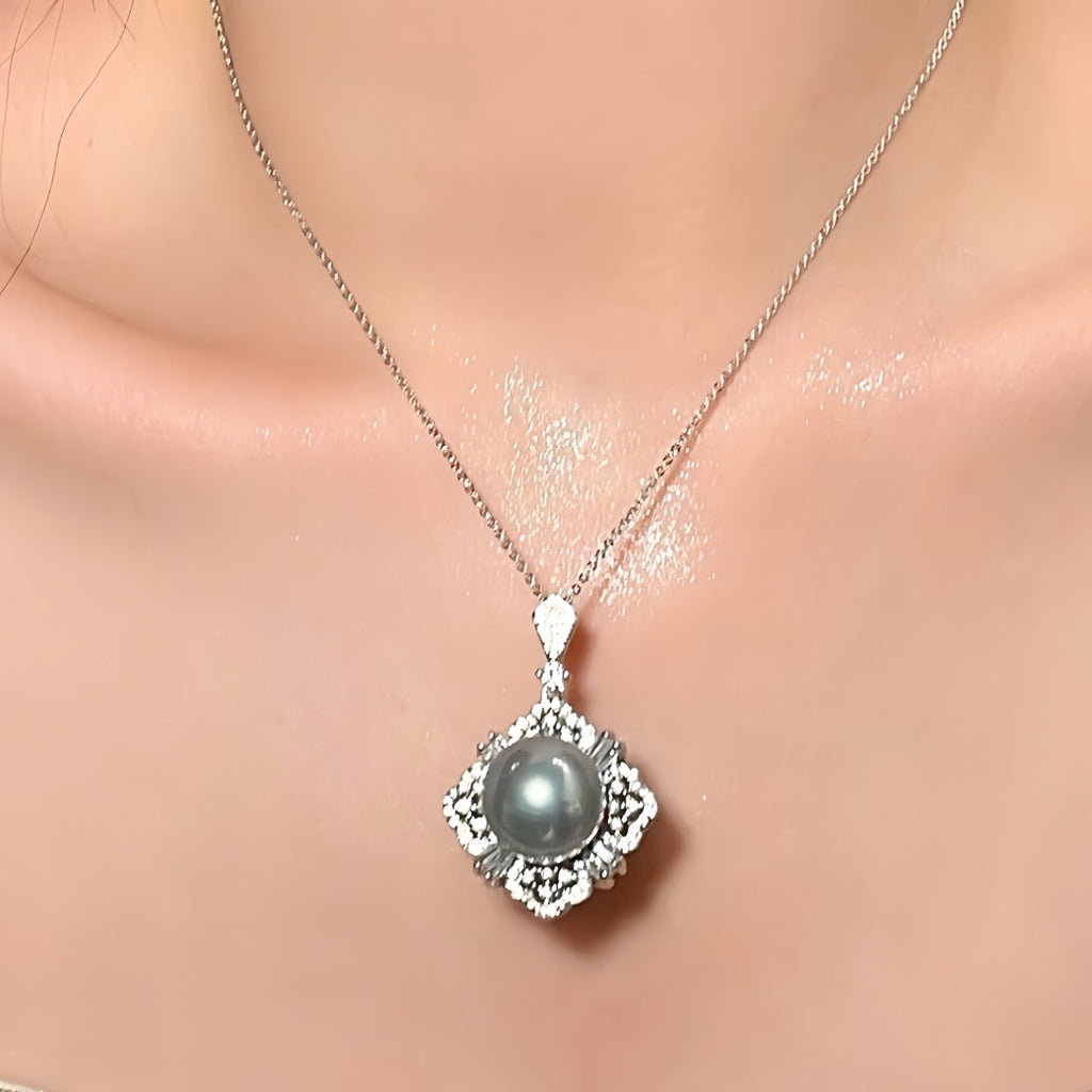 Necklace: grey 14mm cultured Tahitian pearl in a flower-shaped halo, fourth view