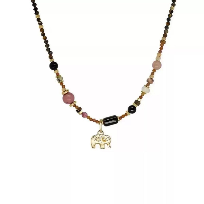 Necklace: brown gemstone beads with pink and black accents and an elephant charm, fifth view