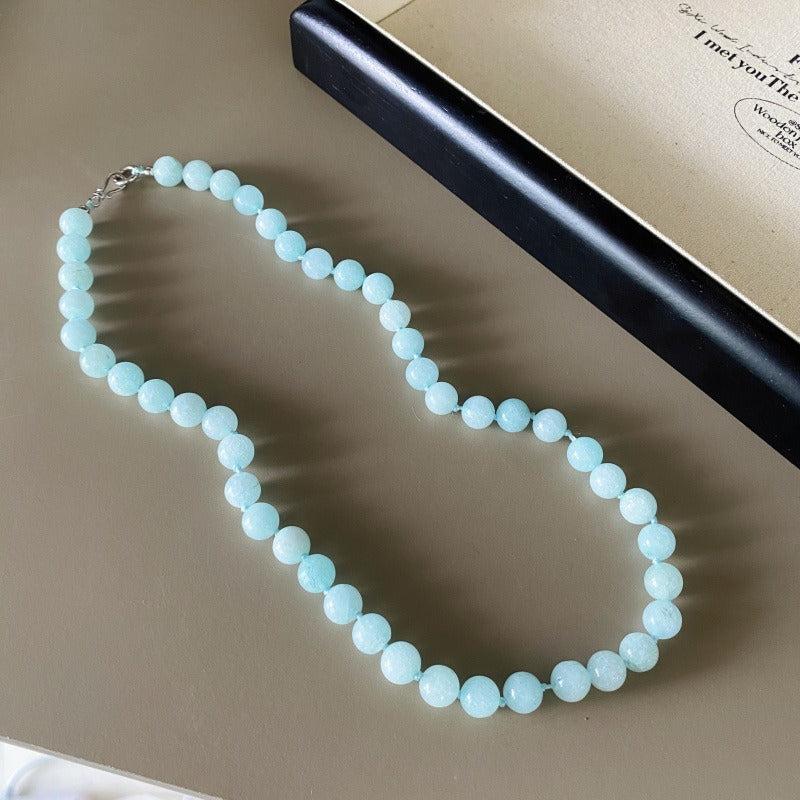 Necklace: round pale glacier-blue amazonite beads, 6-8mm, fifth view