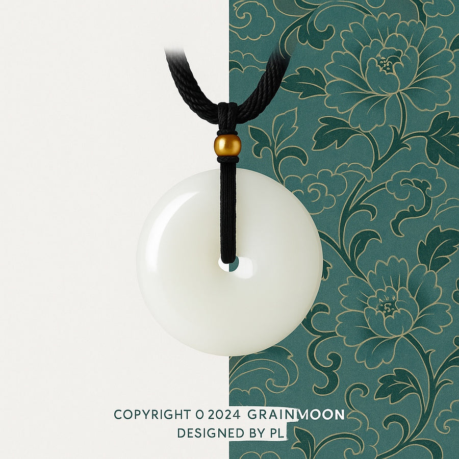 Pendant: white round Hetian jade disc with a gold bead on a black cord