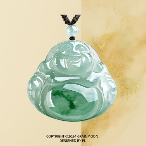 Pendant: pale icy green jadeite carved as a laughing Buddha on a black cord
