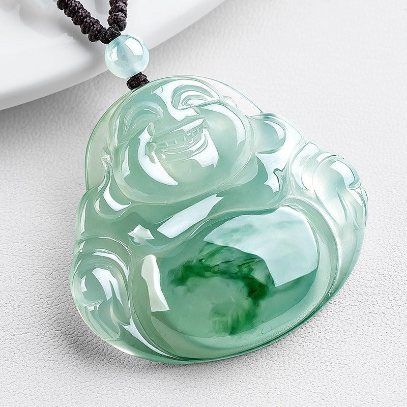 Pendant: pale icy green jadeite carved as a laughing Buddha, second view