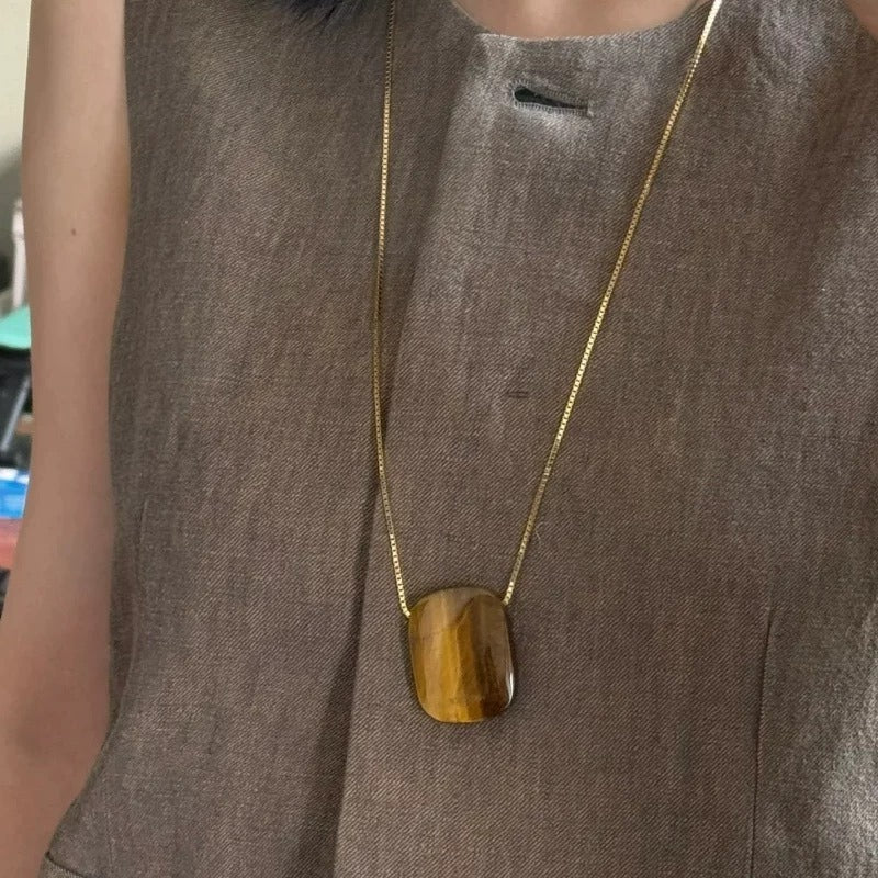 Pendant necklace: golden-brown square tiger's eye on a gold plated chain, second view