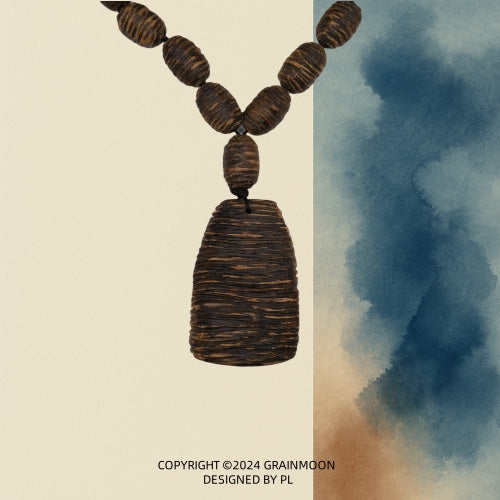 Pendant necklace: dark brown striped agarwood pendant on a strand of carved barrel-shaped beads