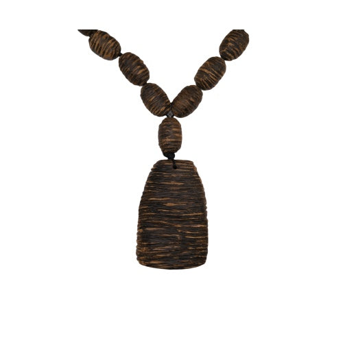 Pendant necklace: dark brown striped Vietnamese agarwood pendant on carved beads, second view