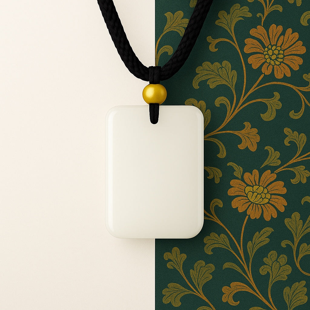 Pendant: white rectangular Hetian jade plaque with a gold bead on a black cord