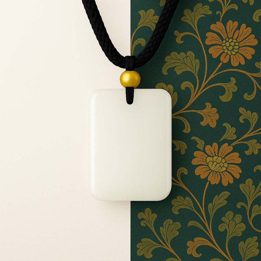 Pendant: white rectangular Hetian jade plaque with a gold bead on a black cord